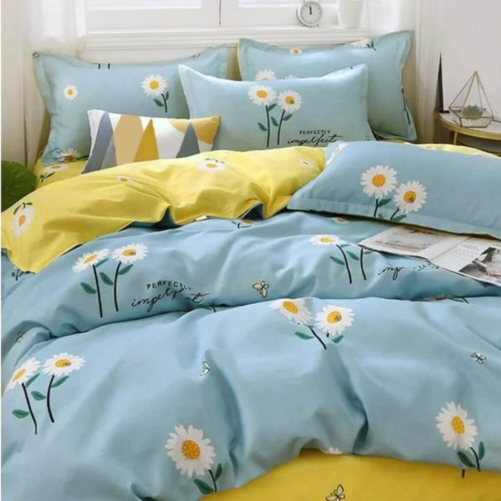 Duvet Cover & 2 Pillowcases with Zipper Closure-Blue Daisy-King